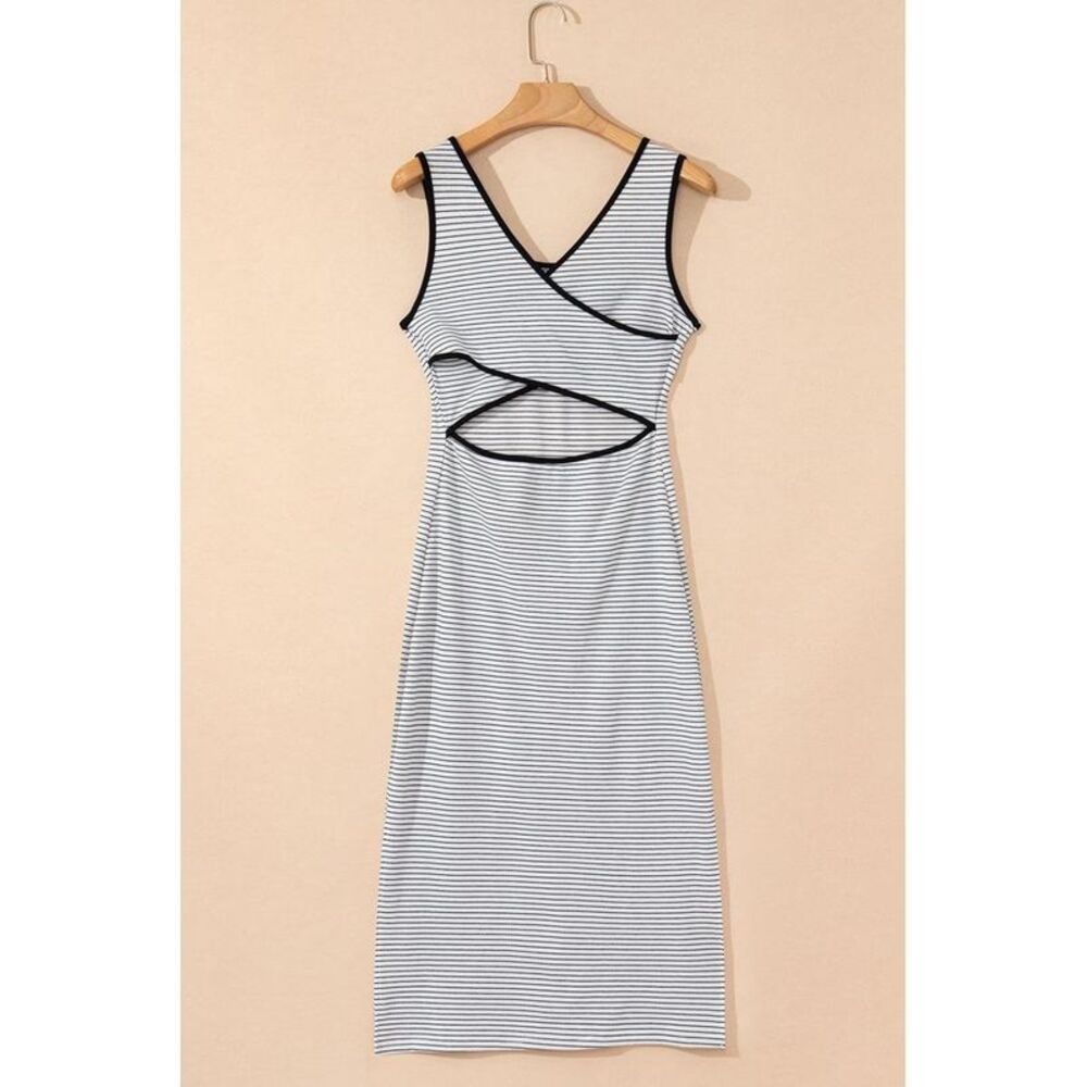 Everyday the Label Stripe Crisscross Side Slits Slim Fit Sleeveless Midi Dress - Picture 7 of 8